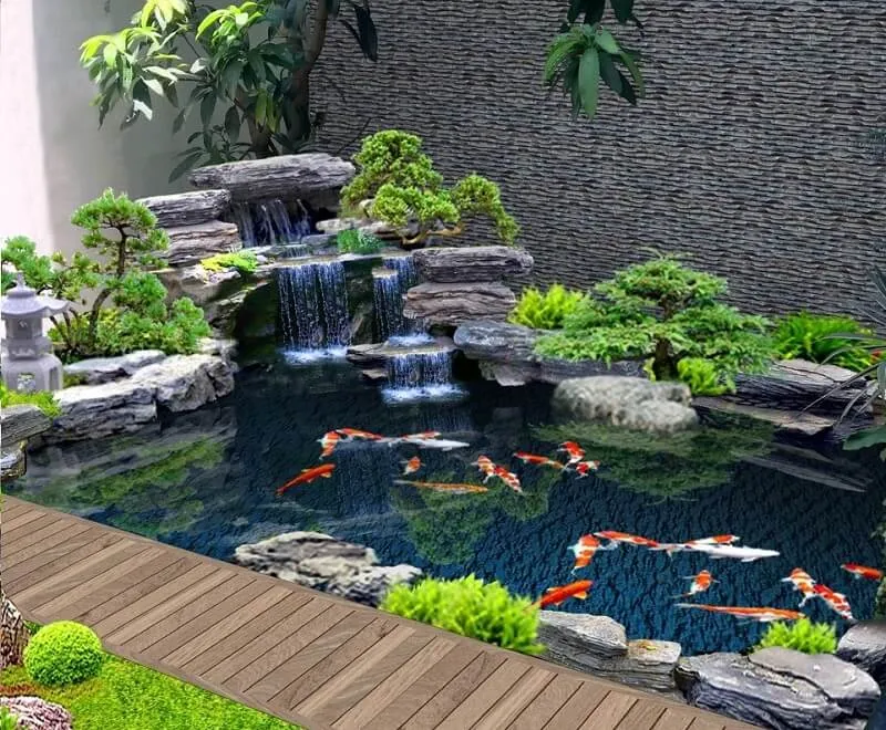 Hòn non bộ đá tự nhiên kết hợp hồ cá Koi