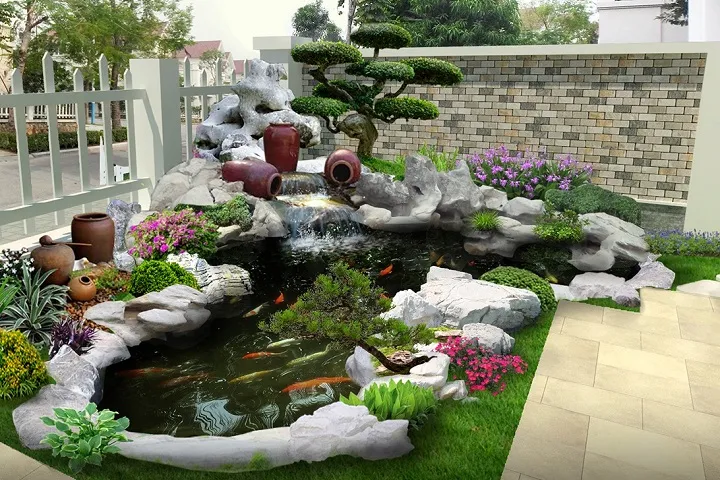 Hòn non bộ kết hợp hồ cá Koi