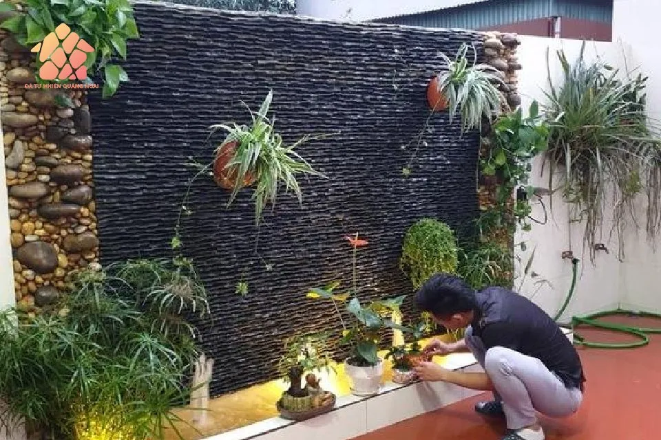 Tường nước đá rối kết hợp cây xanh treo tường