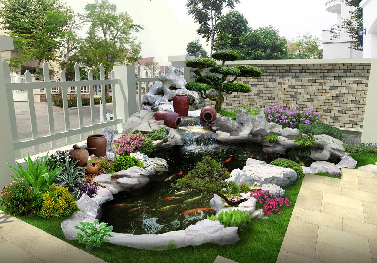 hồ cá kết hợp với tiểu cảnh